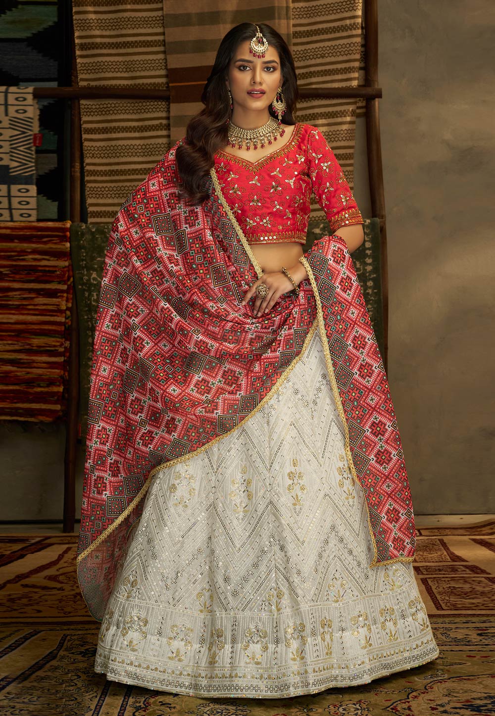 Off White & Red Phaguniya Lehenga – Atelier Shikaarbagh