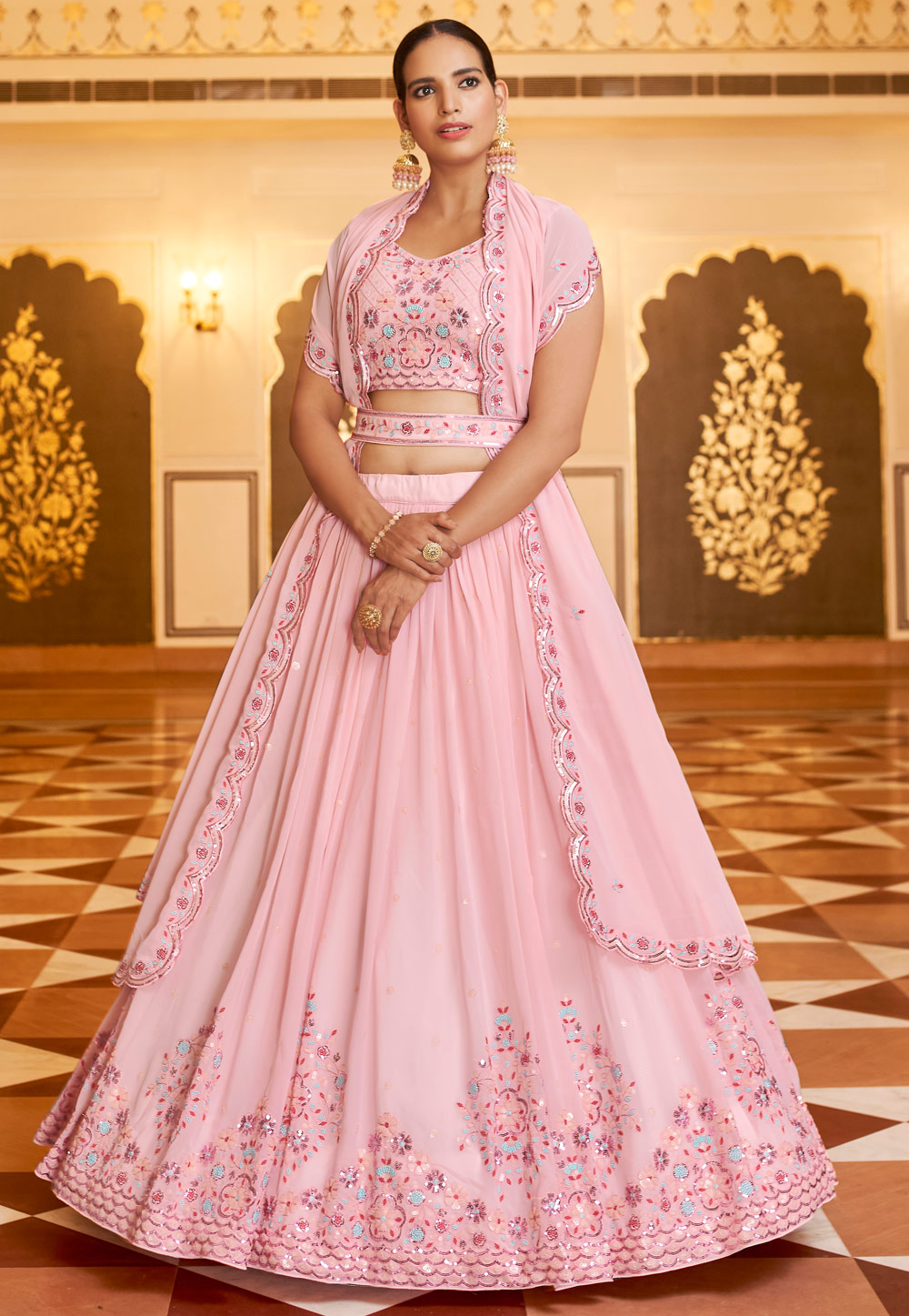 Gota Embellished Kurti Style Lehenga In Pink 2444LG02