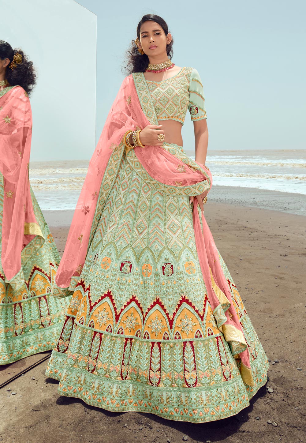 Pure Kataan Silk Intricate Sona Roopa Zari Weaved Pastel Color Lehenga With  Blouse and Borders for Dupatta