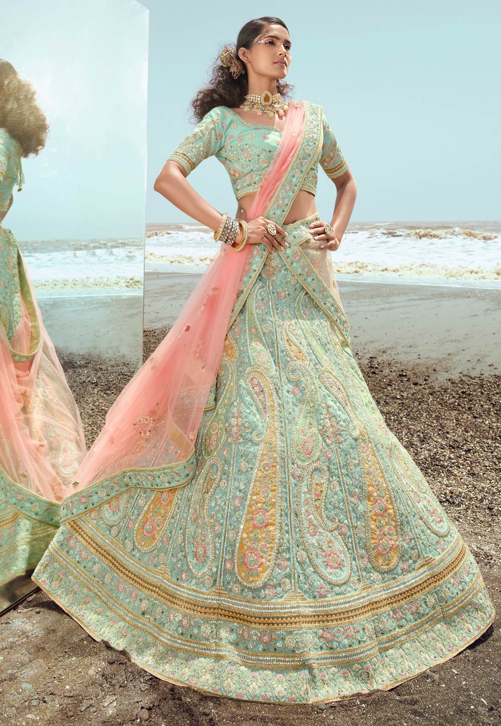 Cyan Color Trendy Embroidered Lehenga Choli | Lehenga choli, Green lehenga, Green  lehenga choli