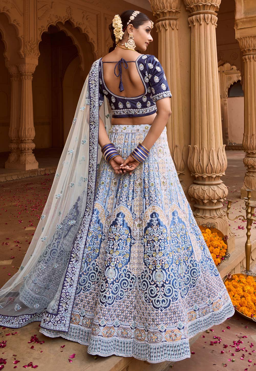 Art Silk Fabric Navy Blue Color Digital Patola Printed Work Sangeet We |  Lehenga choli, Silk lehenga, Gold blouse designs