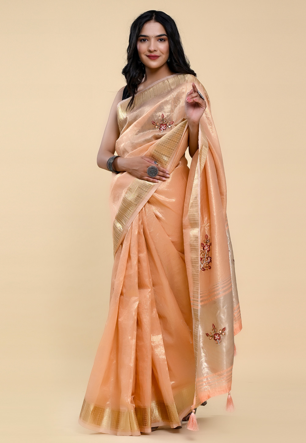 Rose Bud Peach Cotton Saree – Karagiri Global