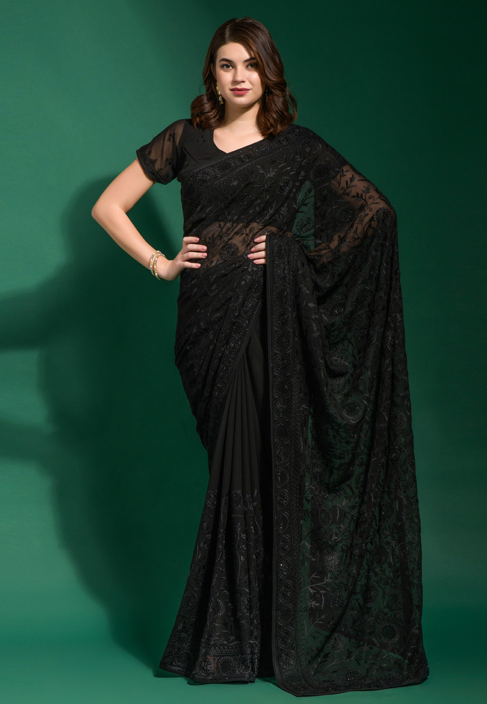 Green & Black Net Sarees – Dailybuyys