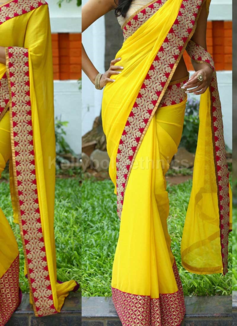 party wear saree in yellow colour