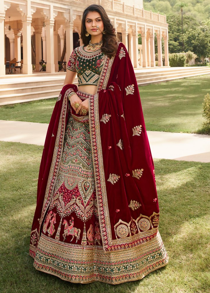 Red And Green Banarasi Silk Latest Lehenga Choli With Embroidery Work