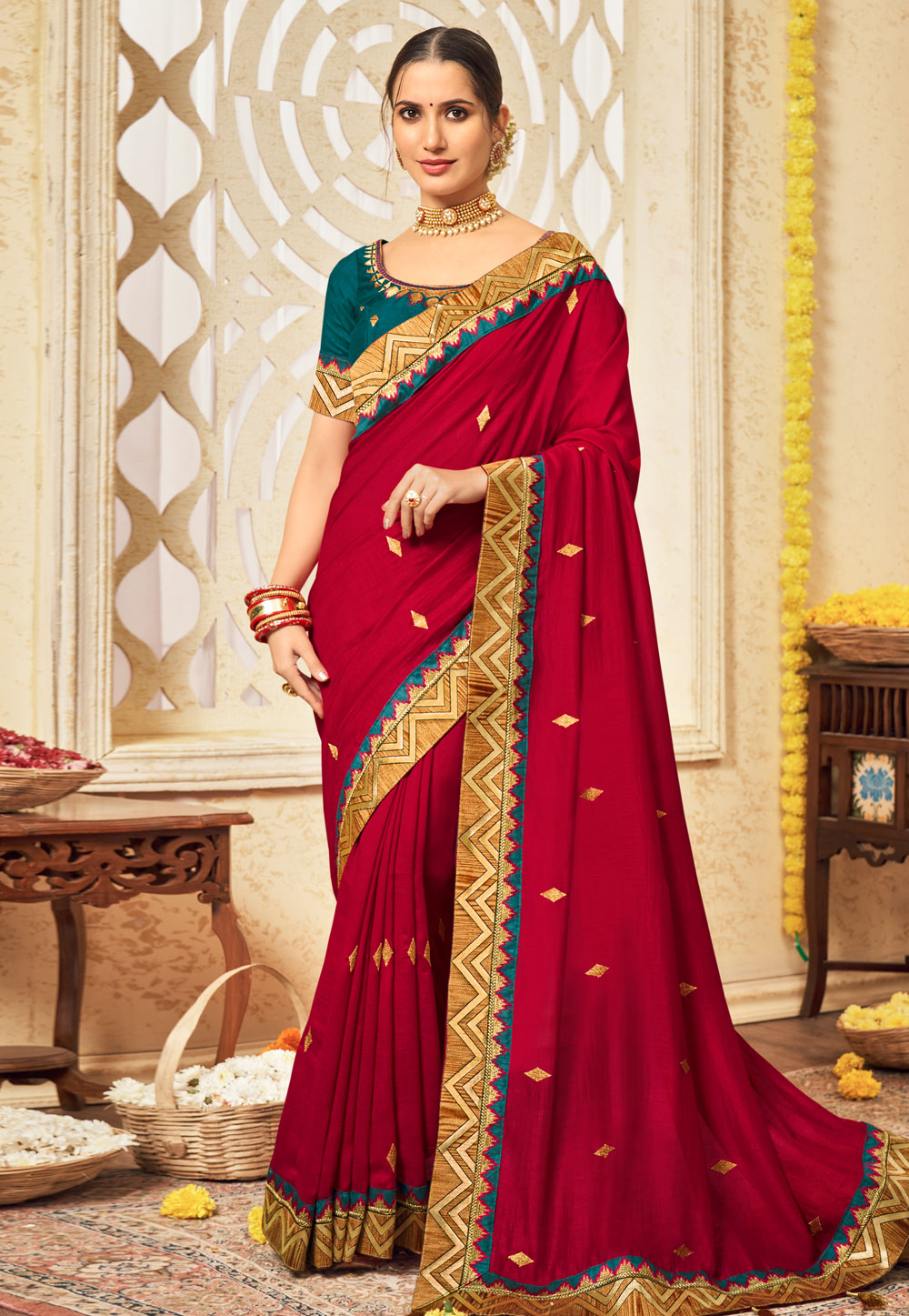 Pretty kanchivaram red saree with contrast green blouse of full zordosi  work | Wedding saree blouse designs, Red saree blouse, Blouse designs indian