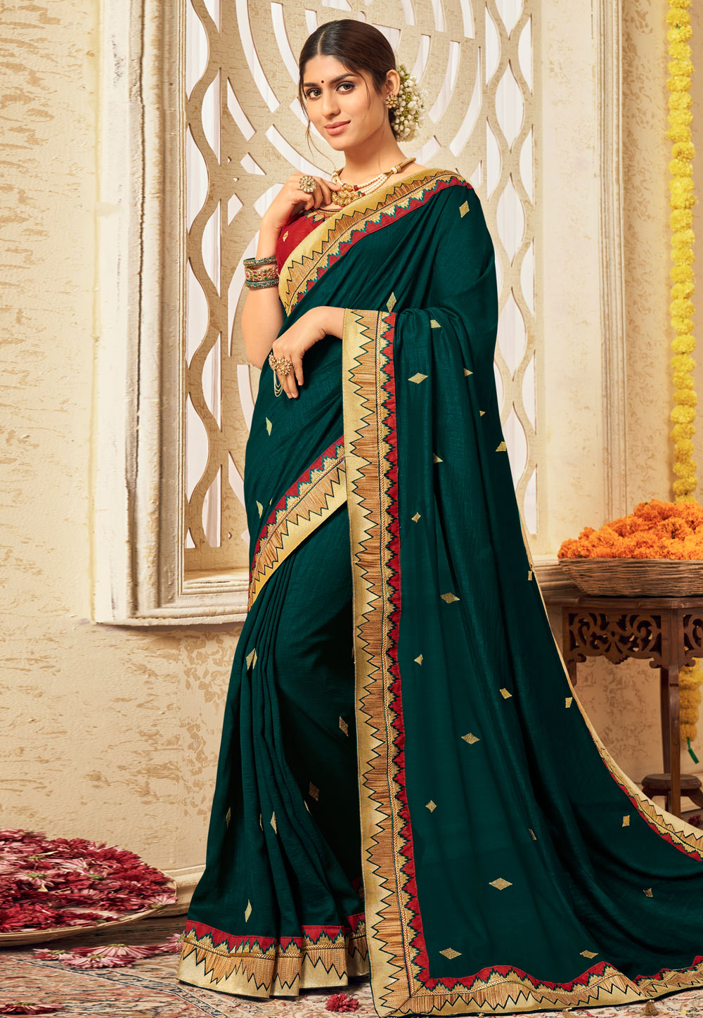 Teal silk festival wear saree 3006