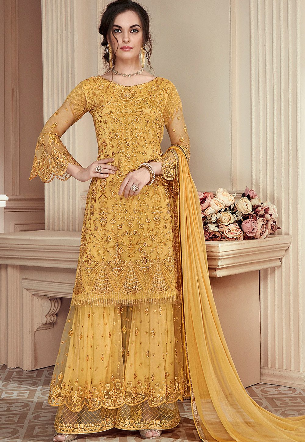 Buy Yellow Embroidered Designer Pakistani Salwar Suit Online - Salwar Kameez