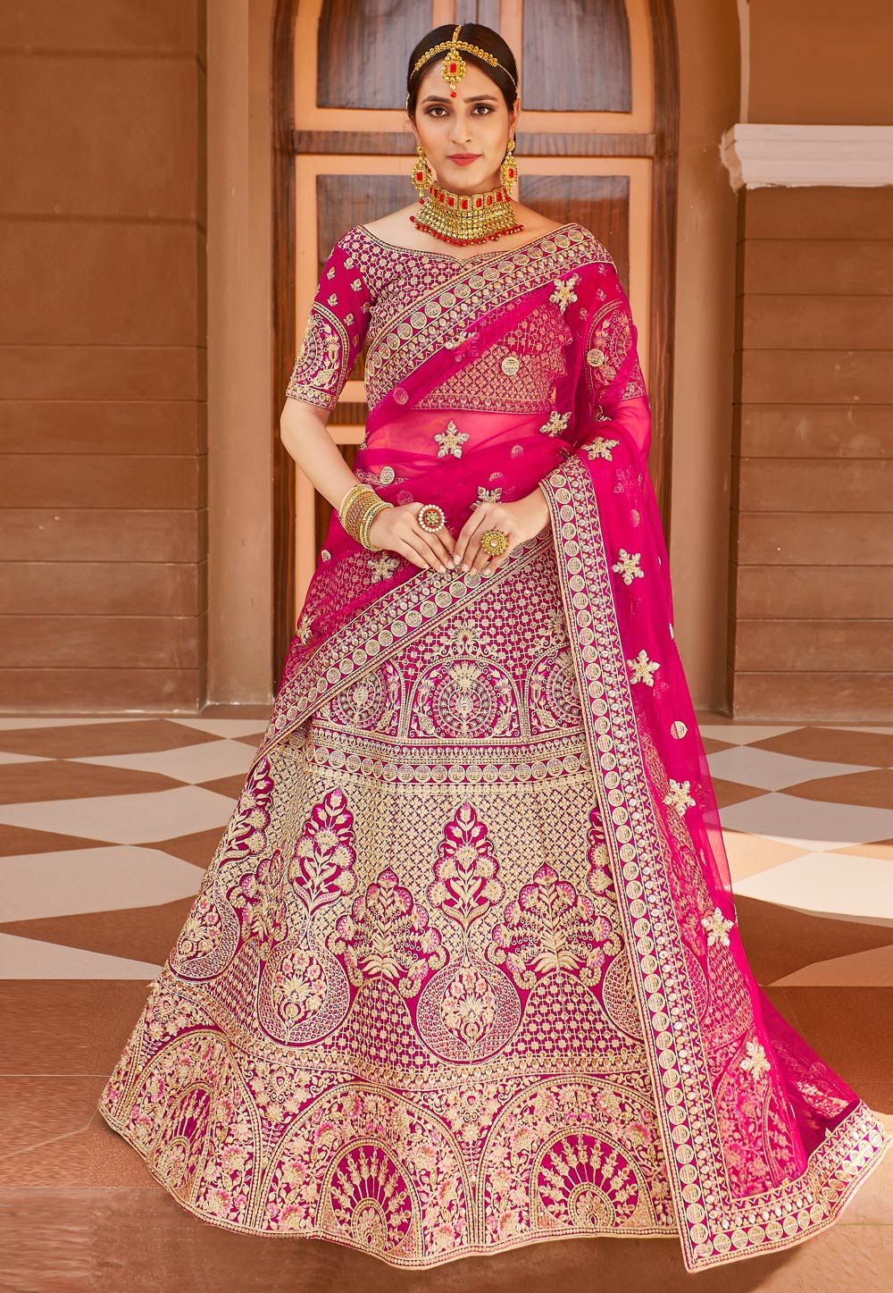 A Line velvet Rani Pink Bridal Lehenga Choli, Size: Free Size at