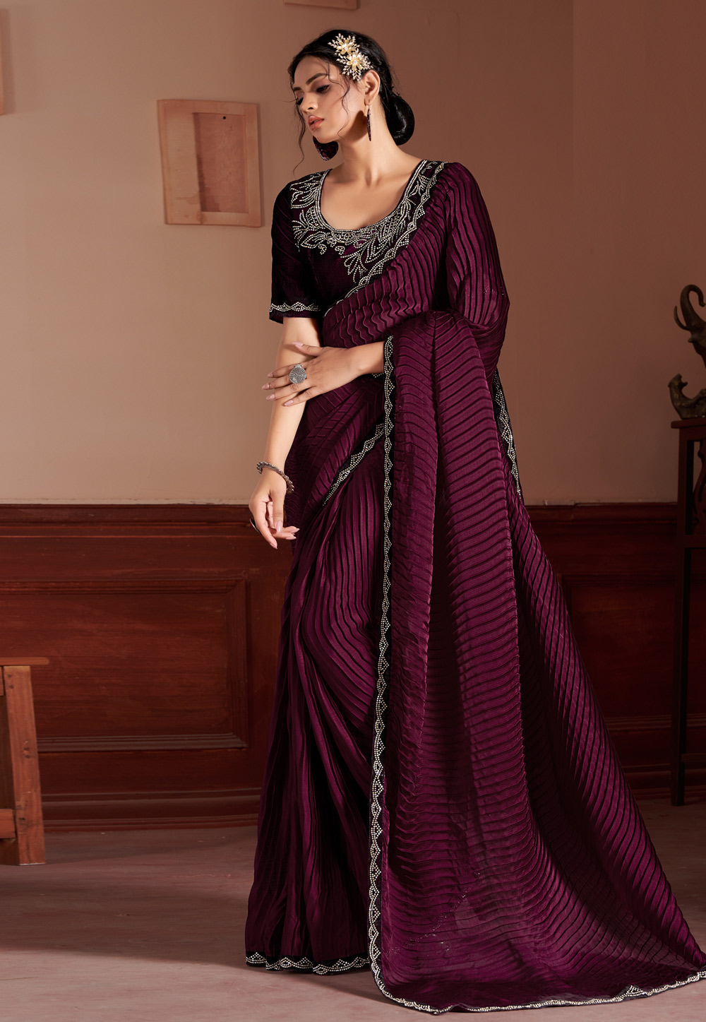 Lilac Satin Silk Saree With Black Unstitched Satin Silk Blouse