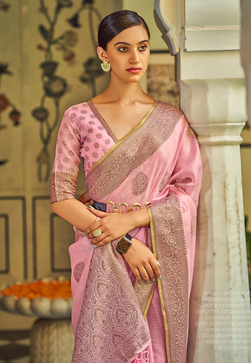 Buy Onion Pink Tissue Saree With Cutdana Work And Unstitched Blouse Piece