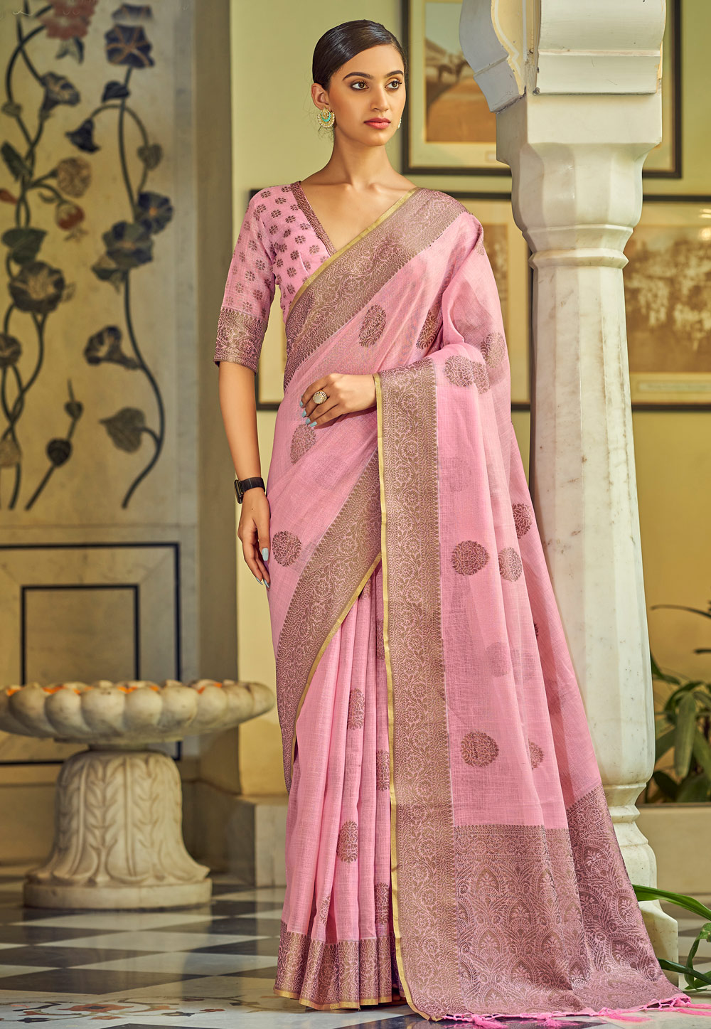 Buy Dressfolk Light Pink, Silver and Aqua Chanderi Tissue Saree without  Blouse online