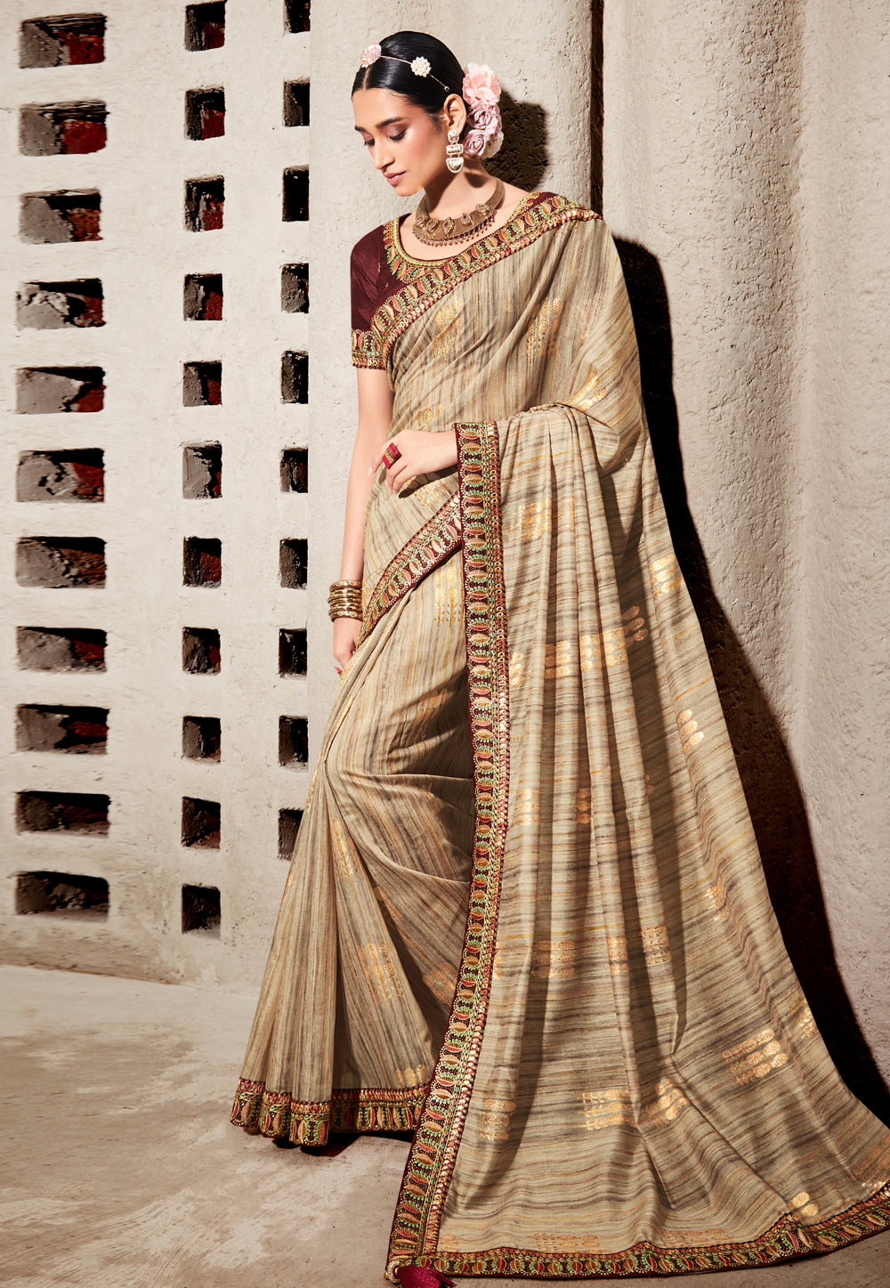 Linen Base Cream Color Double Blouse Saree With Silk Weave