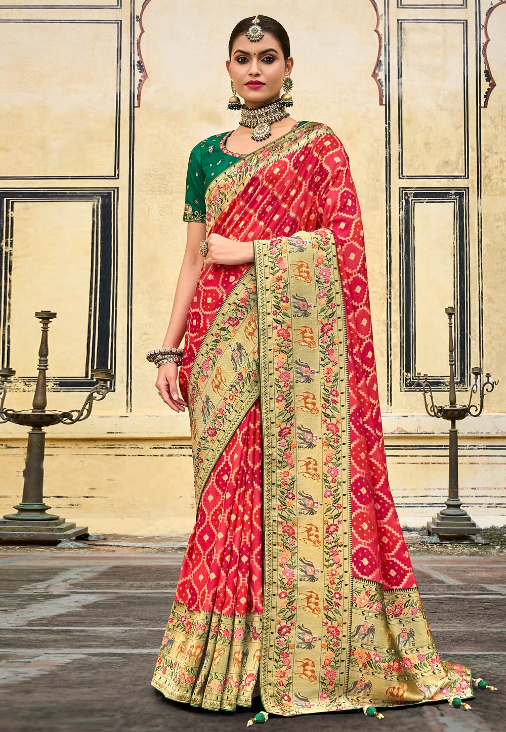 Bright maroon Silk Saree with Kelly Green contrast blouse - Pramo Clothing