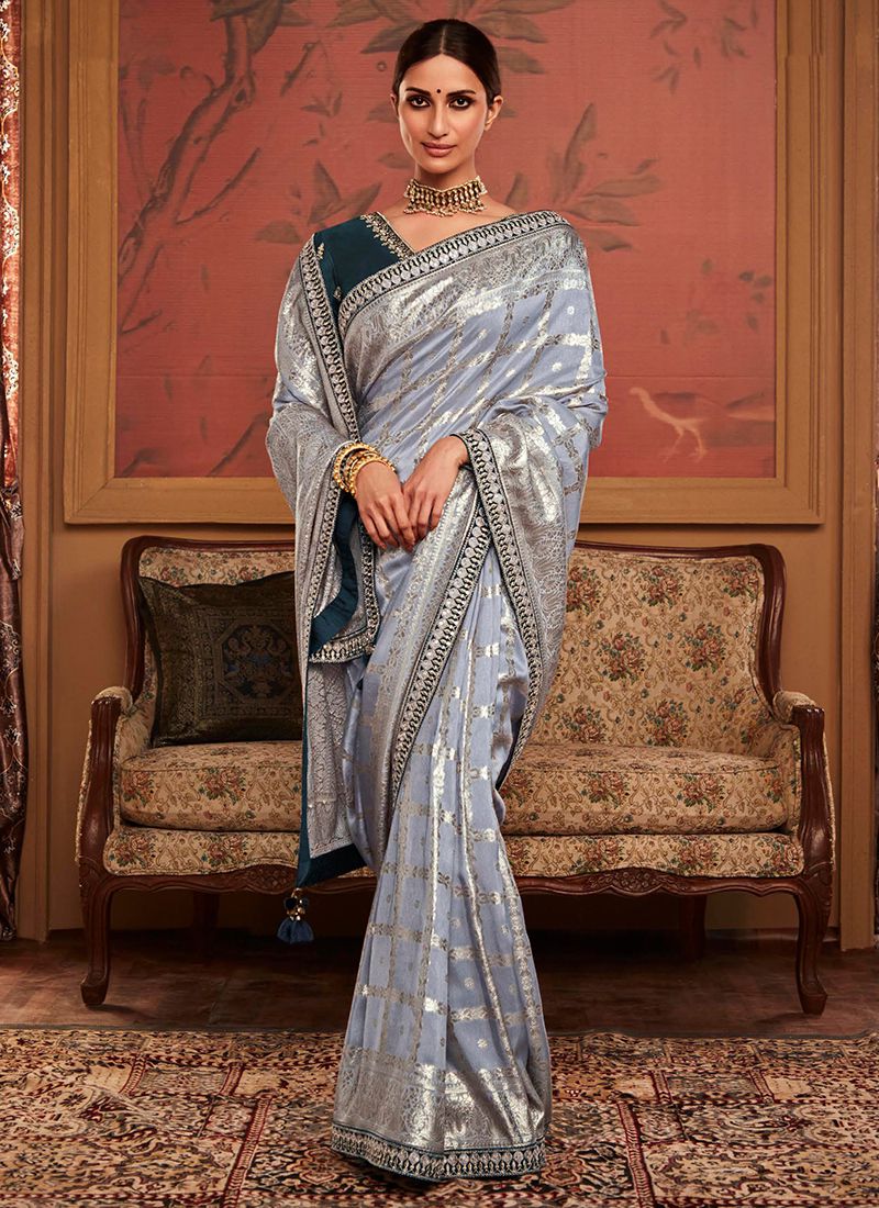 Amazing Grey Heavy Lace Work Silk Reception Wear Saree With Blouse
