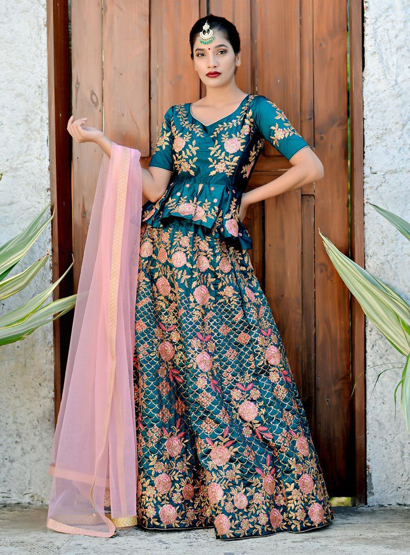 Buy Teal green satin silk Indian wedding lehenga in UK, USA and Canada