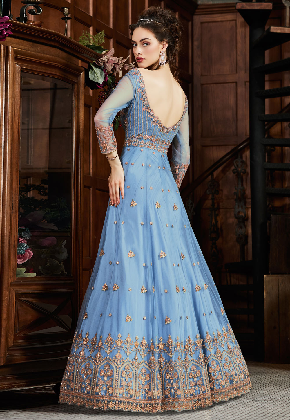 Light blue net embroidered ankle length anarkali suit 4537