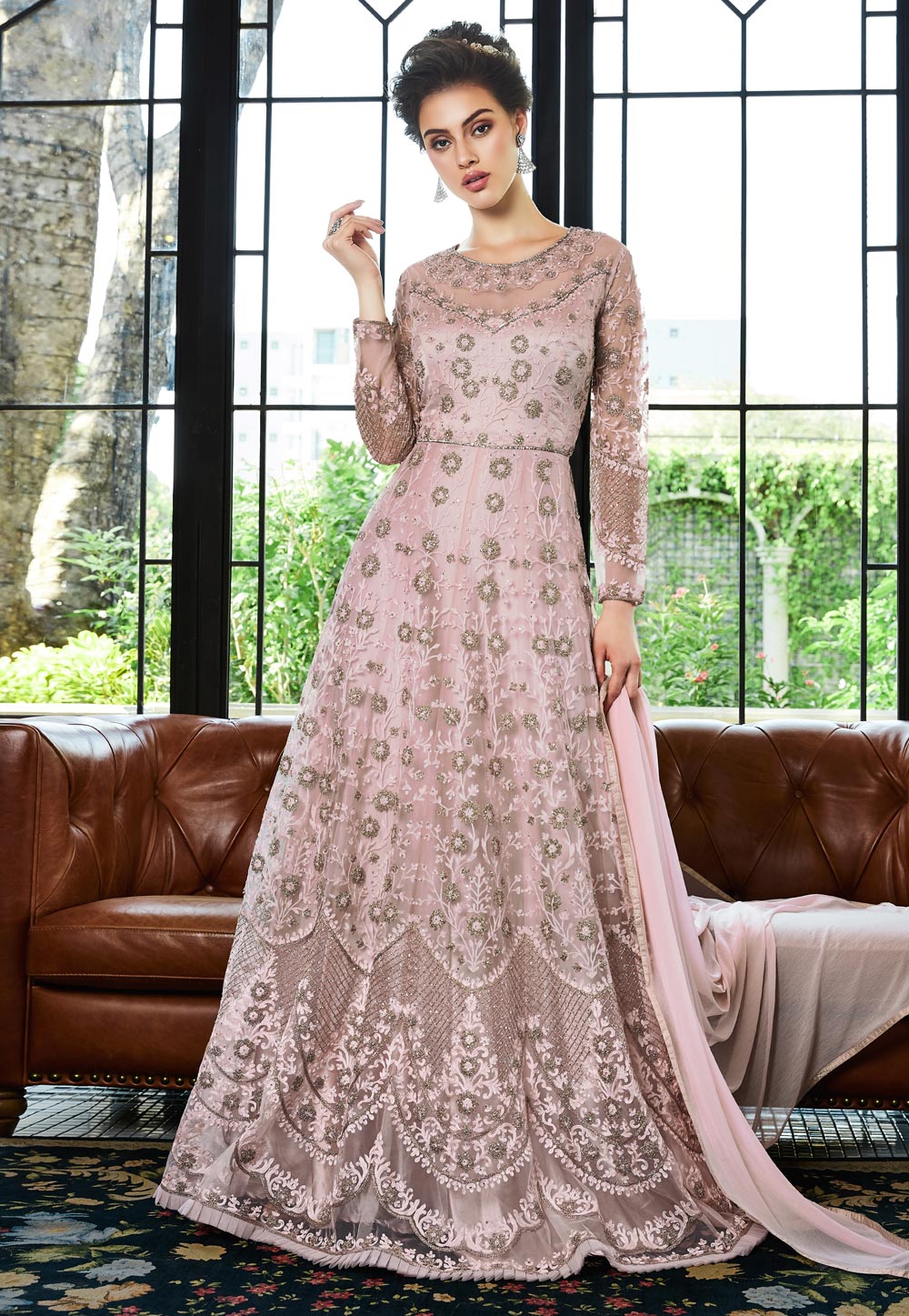 pink net abaya style anarkali suit