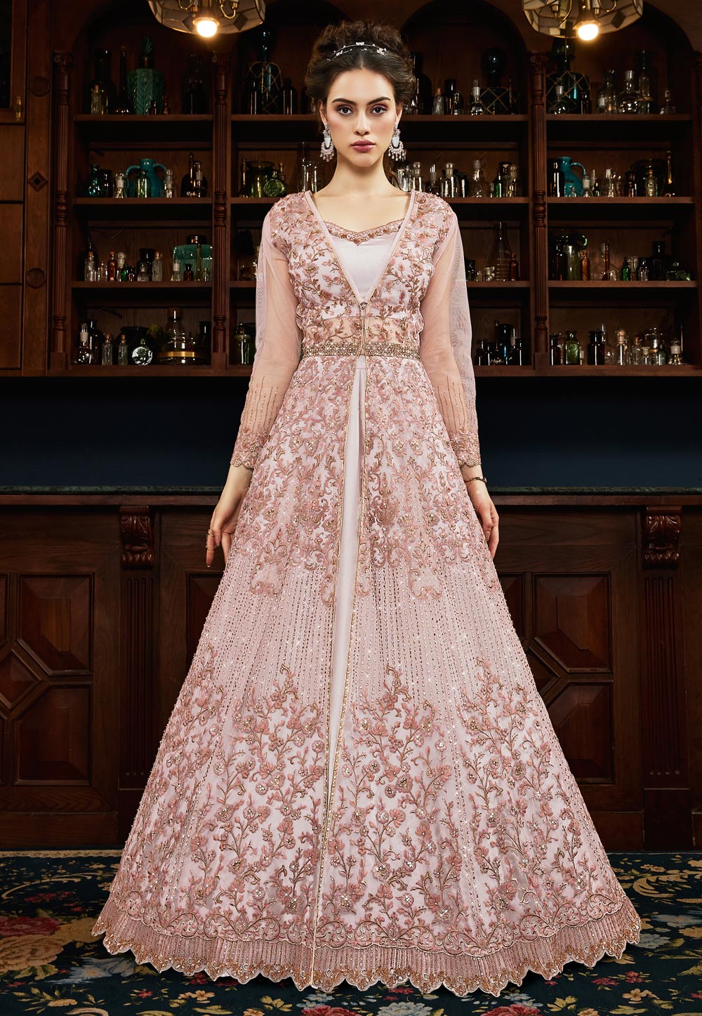 Pink satin embroidered indo western lehenga choli 4532