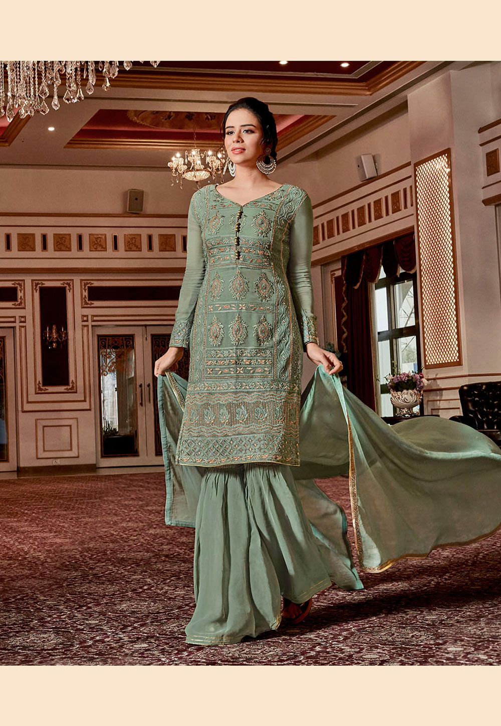 Sea green georgette embroidered sharara suit 4525