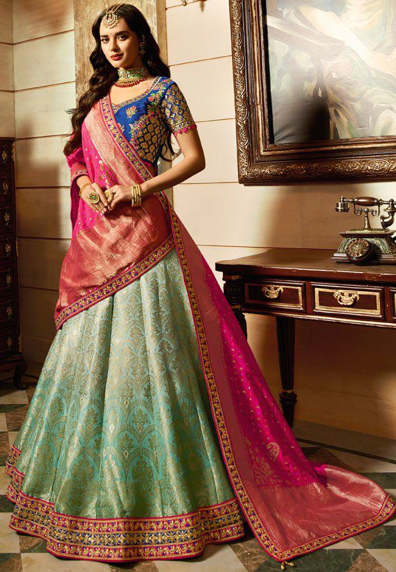 Sky Blue And Pink Color Designer Lehenga Designed With Broad Embroidred -  Manjubaa Clothing - 353380
