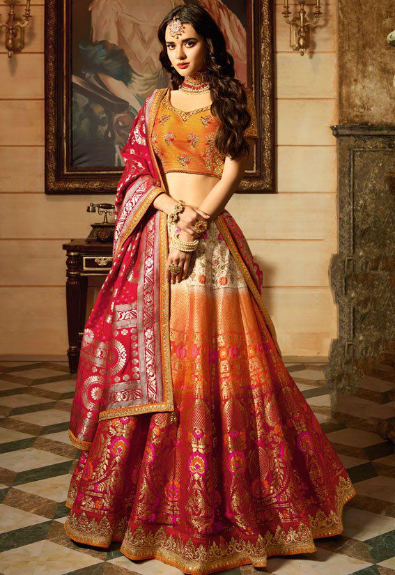 Buy Red And Burnt Orange Lehenga In Georgette With Chevron And Bandhani  Print And Mirror Embroidered Choli