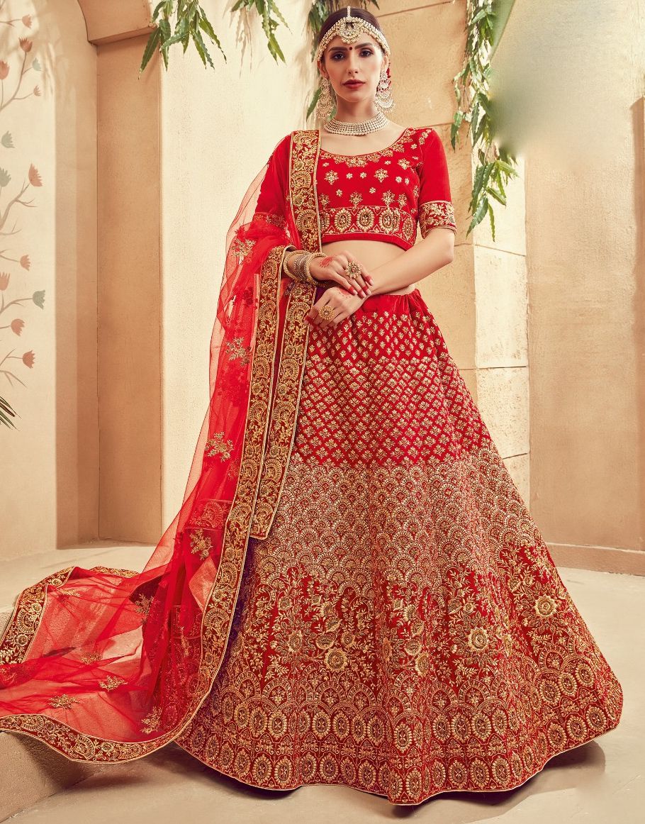 Red color hand embroidered bridal lehenga – Lady Selection Inc