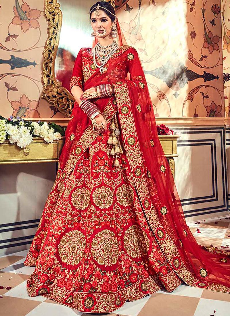 Red Heavy Indian Wedding Leheng Choli In Velvet SFANJ2187 – ShreeFashionWear