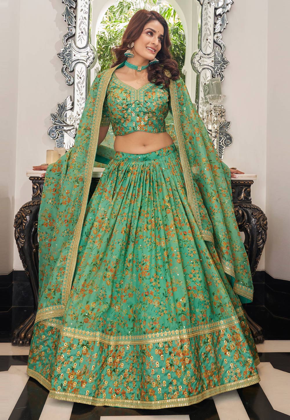 Buy Sea Green Color Lehenga Choli Online : Singapore - Bridal Lehenga Choli