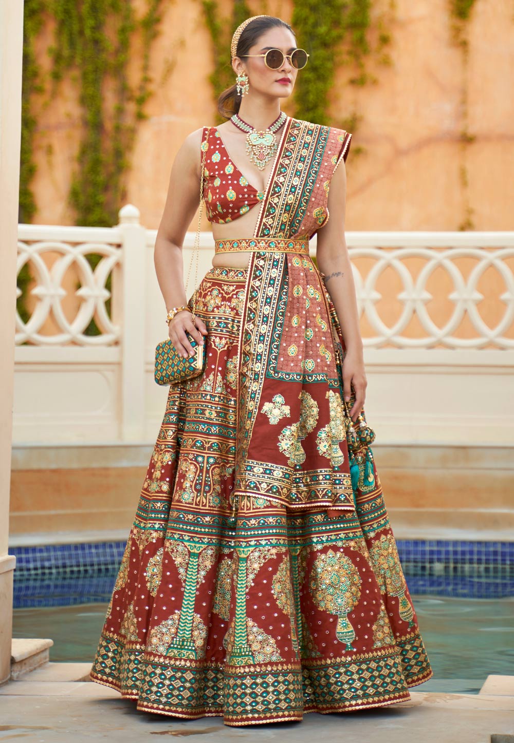 Rust Silk Zari Zardosi Embroidered Lehenga Set Design by Radhika Nandwani  at Pernia's Pop Up Shop 2024