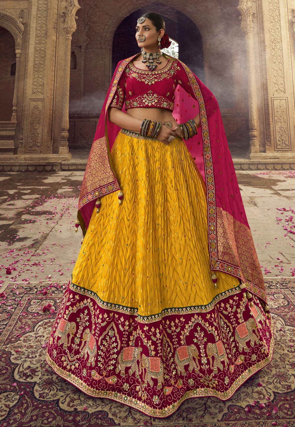Amber Yellow Heavy Embroidery Bridal Lehenga With Mirror Work –  paanericlothing