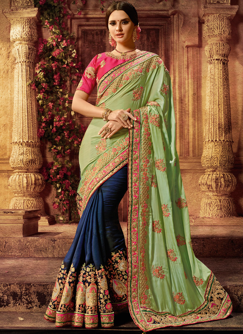 Buy Green and blue silk wedding wear saree in UK, USA and ...