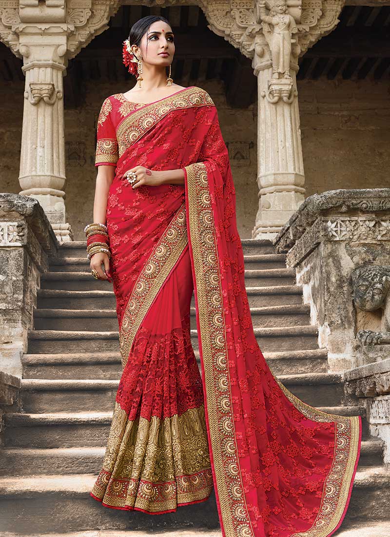 Georgette Party Wear Red Embroidered Net Saree, 5.5 m (separate