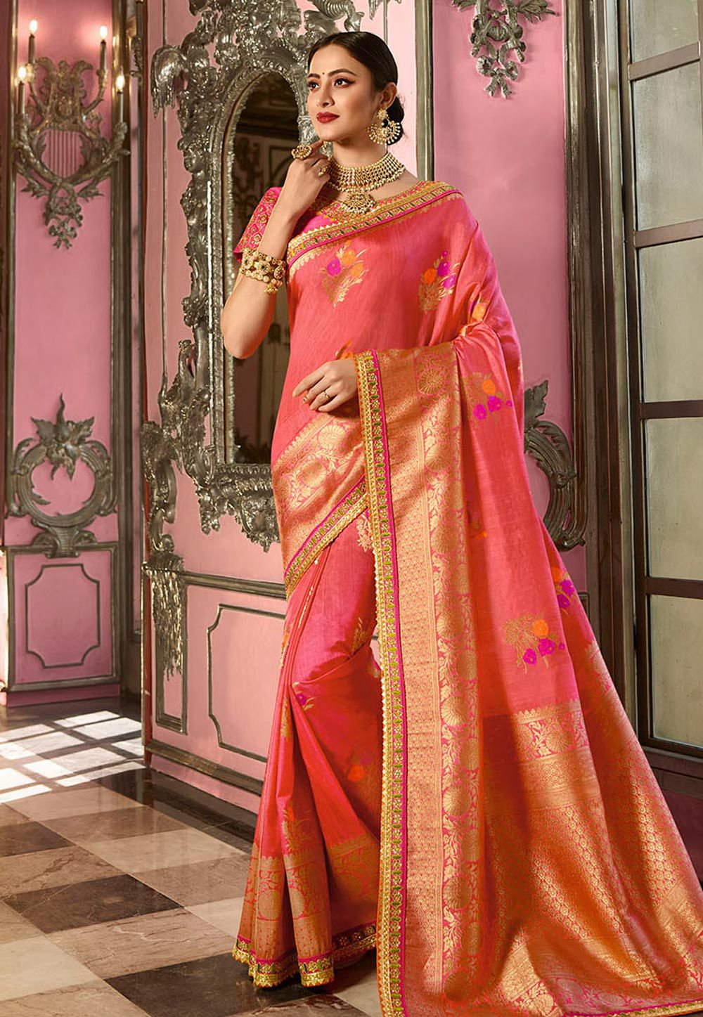 Buy Pink Indian wedding silk Saree in UK, USA and Canada