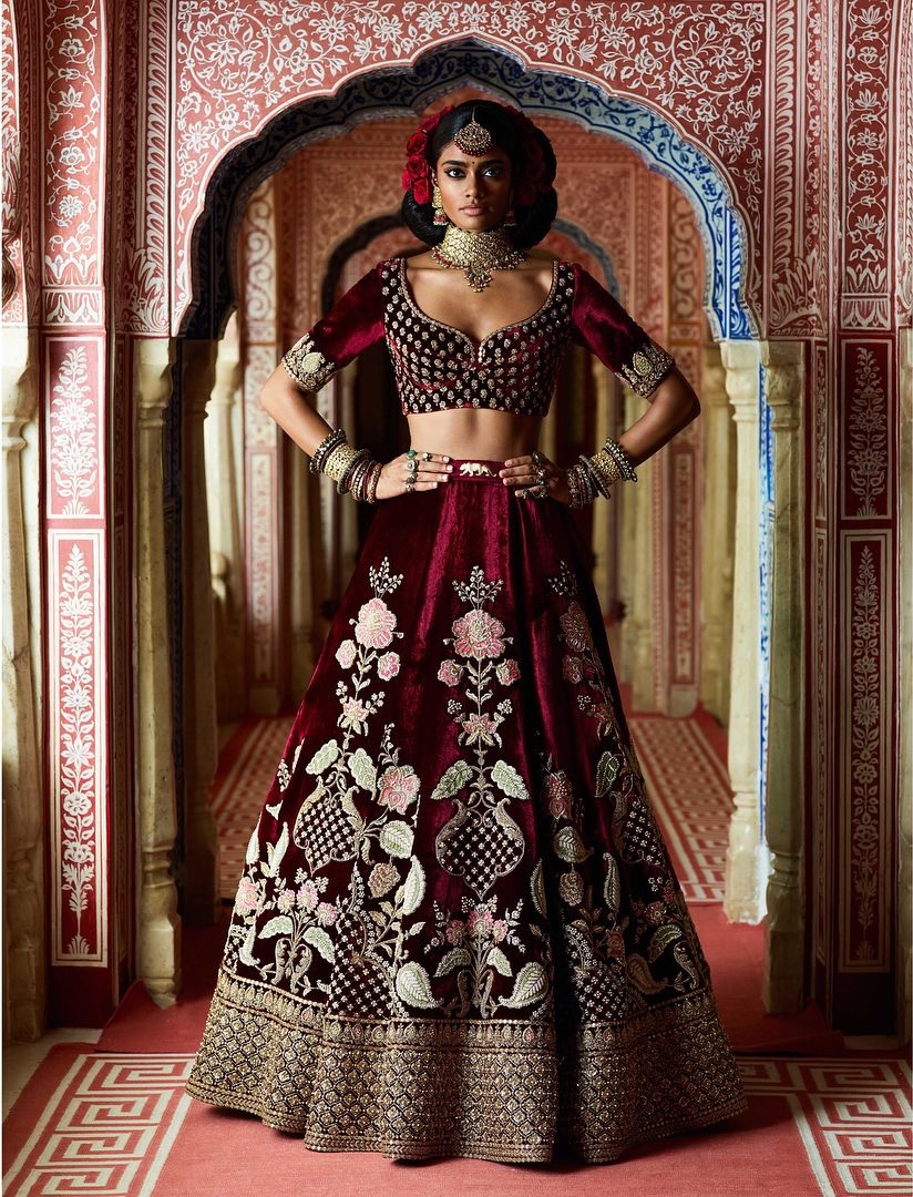 Sabyasachi Inspired Red Bridal Lehenga Choli, Luxury Velvet Threadwork  Dress, Fancy Ethnic Wedding Wear, Peacock Lehenga Choli USA - Etsy