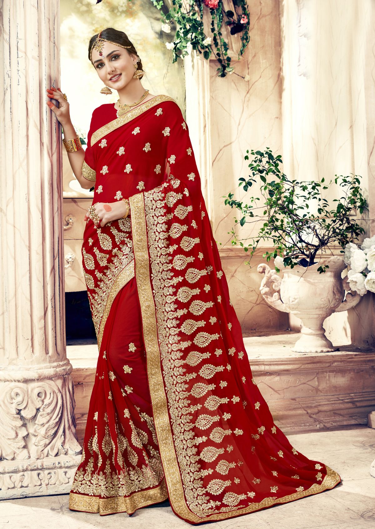 Maroon Georgette Embroidered Wedding Wear saree 6803