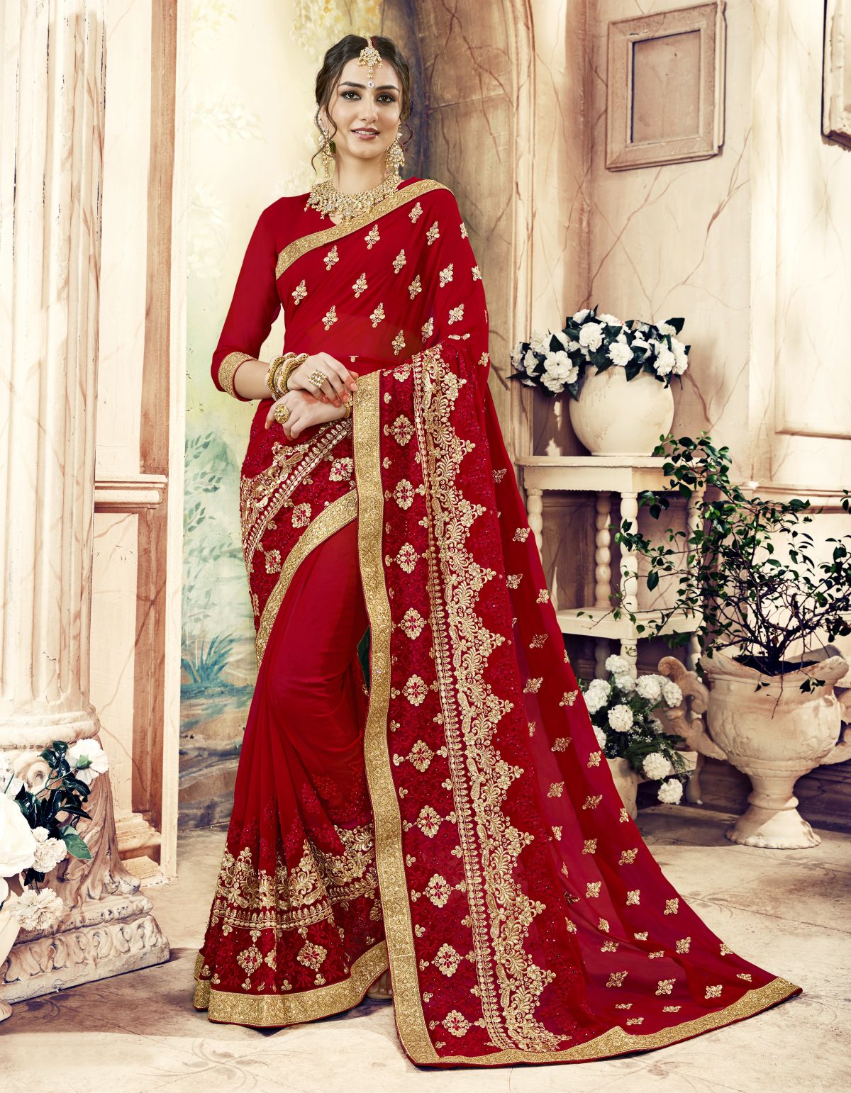 Maroon Georgette Embroidered Wedding Wear saree 6807