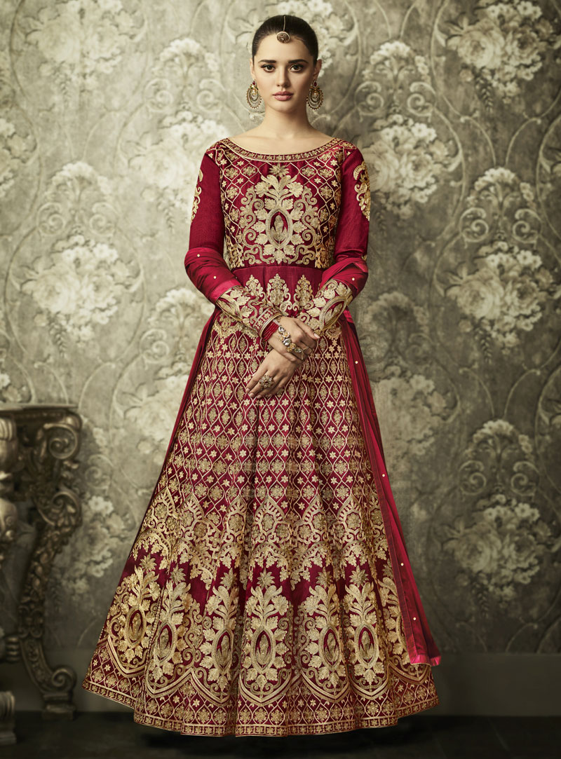 Magenta color silk Indian wedding wear anarkali 1001