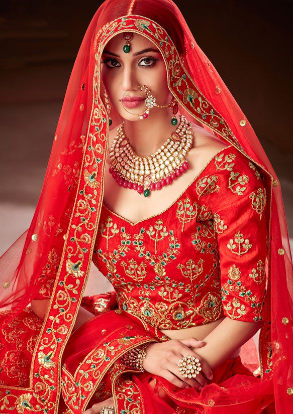 Buy Red color pure soft silk Indian wedding lehenga in UK USA and Canada