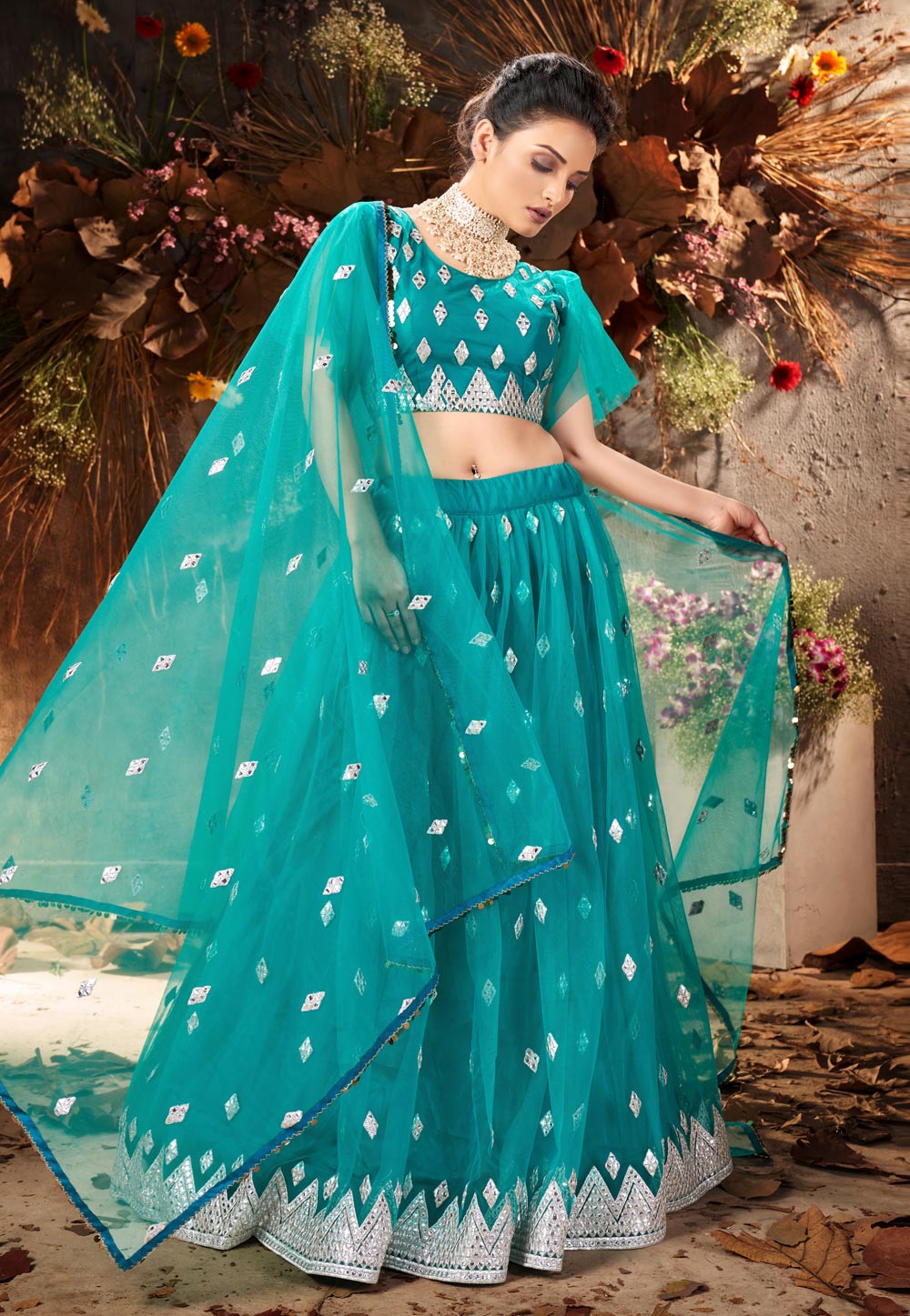 Turquoise net lehenga choli 1069