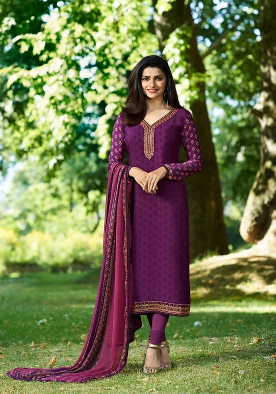 Prachi Desai purple Crepe silk straight cut Indian Churidar 7897