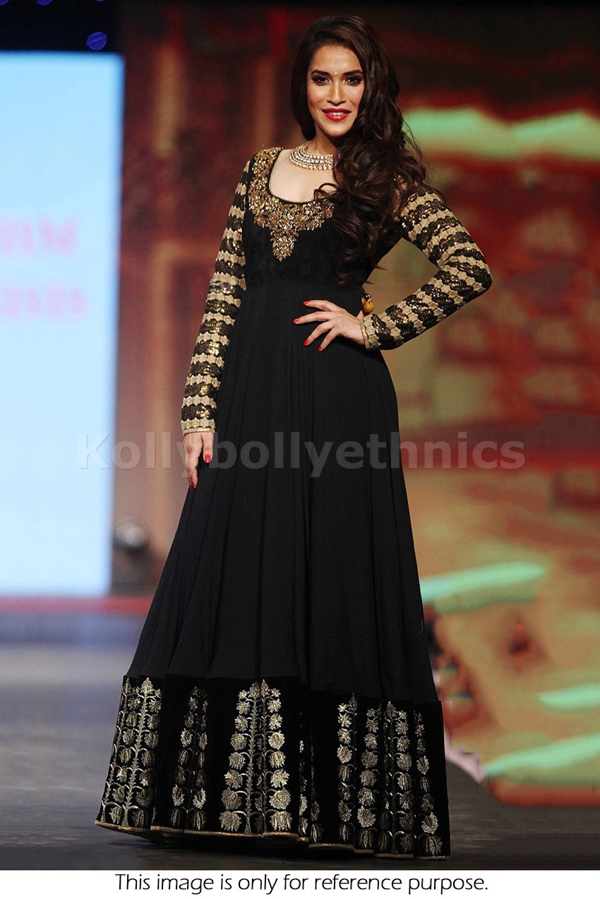 Bollywood Style Rashmi Nigam Silk Dupion Anarkali in Black and Gold Color