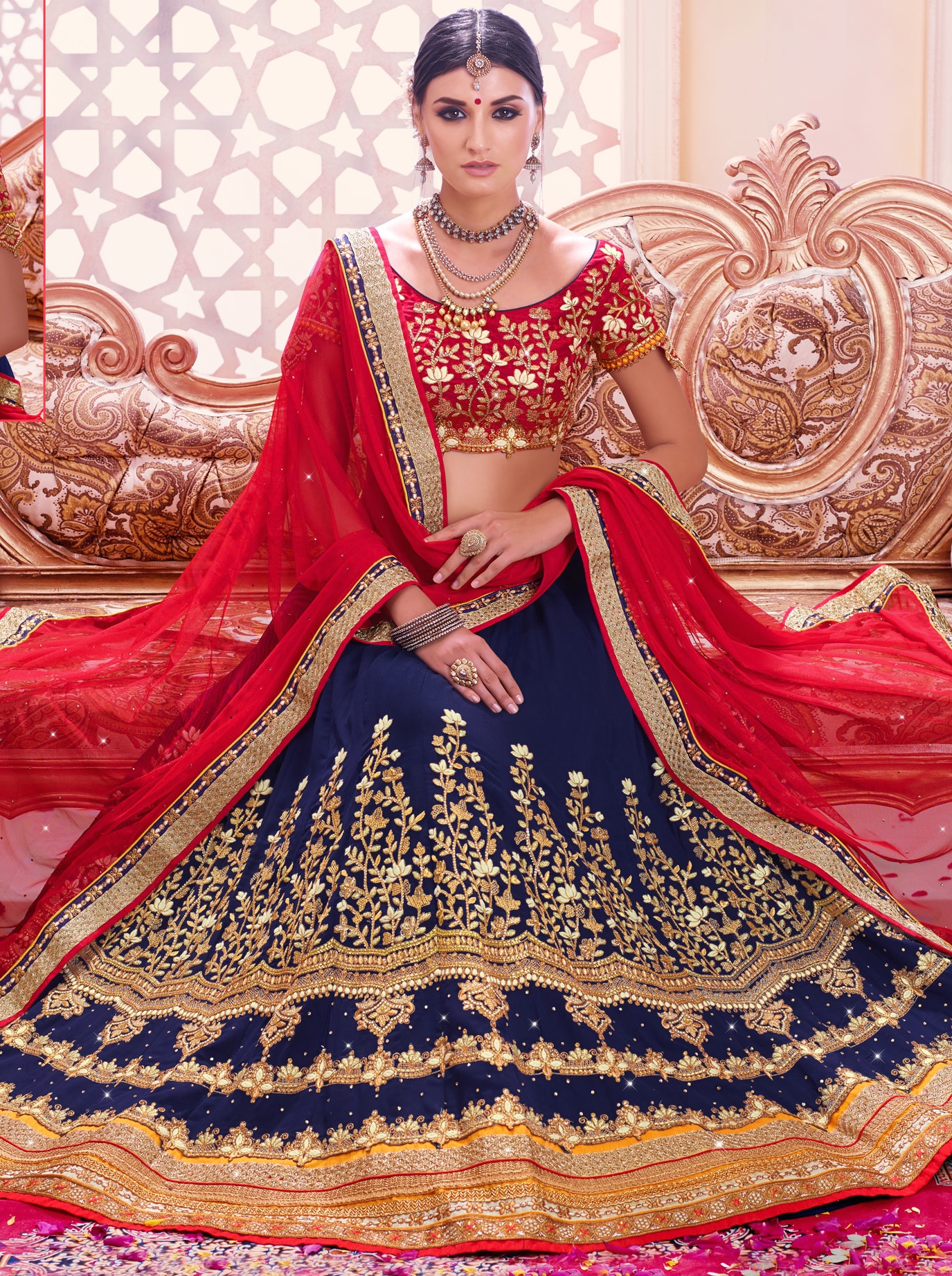 blue red bridal lehenga