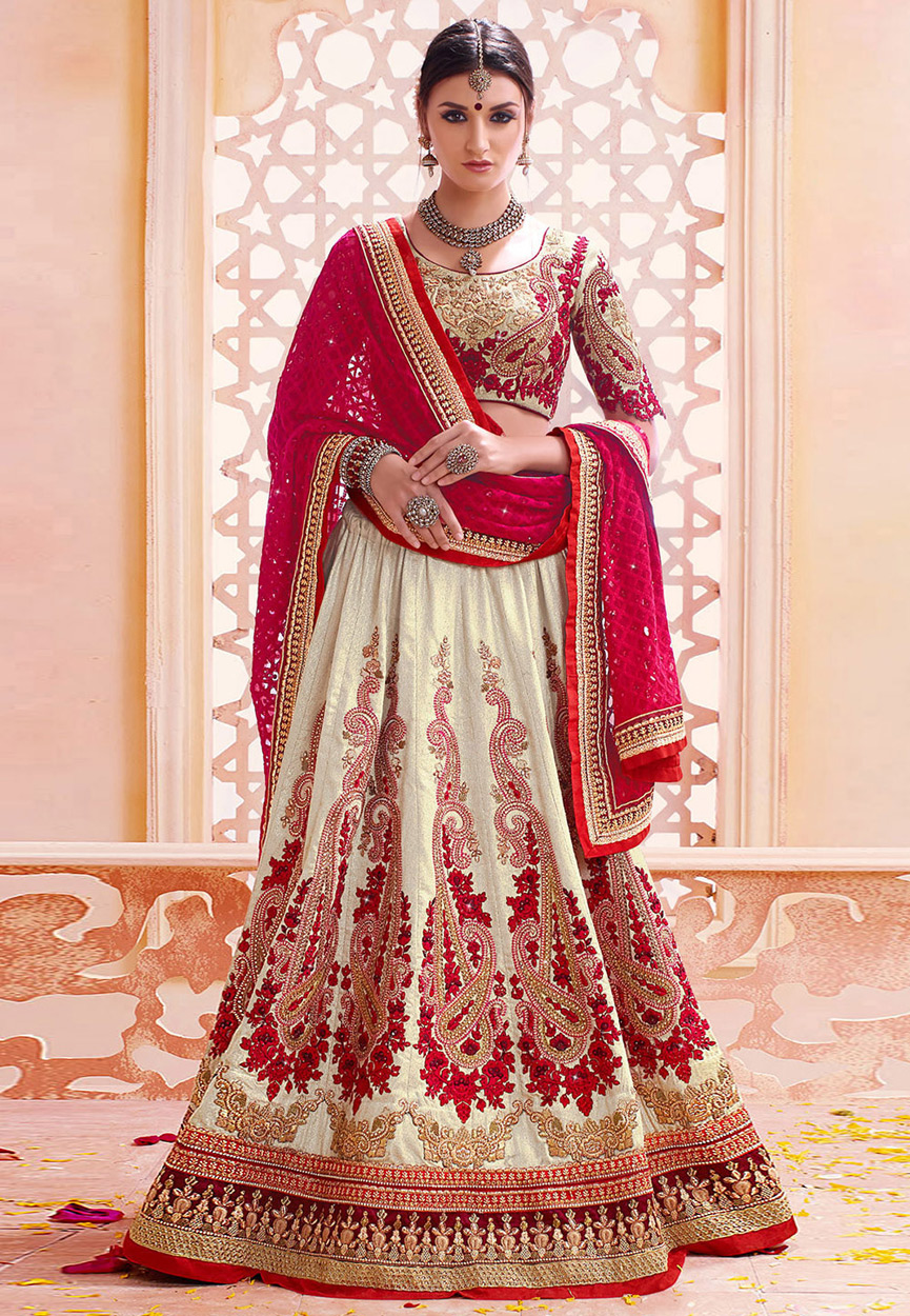 bridal lehenga cream and red