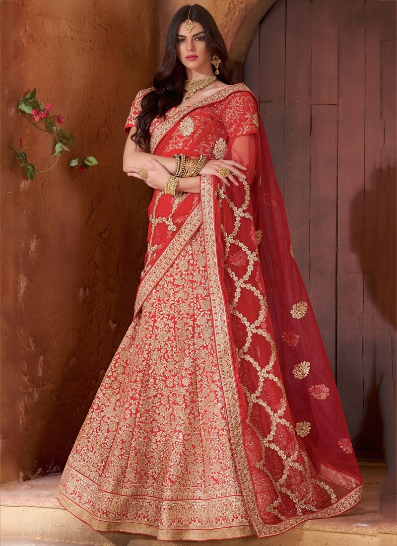 red banarasi bridal lehenga