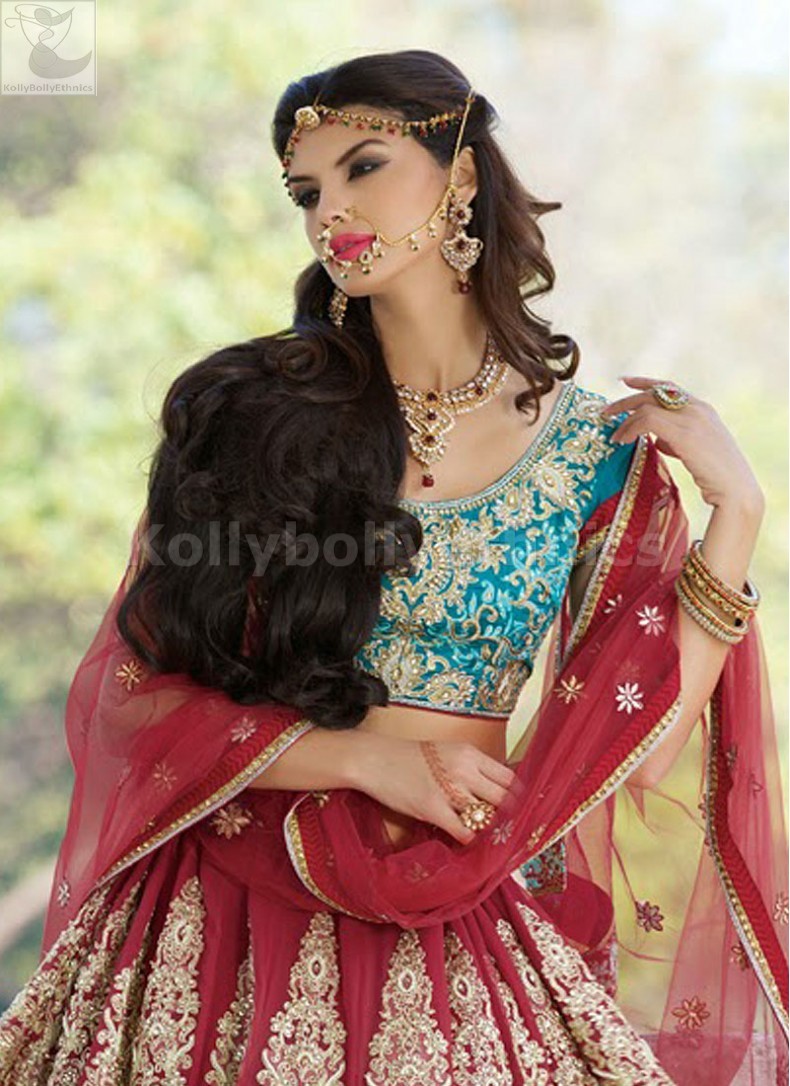 Green & Red Semi-Stitched Half Saree & Unstitched Blouse With Dupatta -  ShopGarb - 4069907