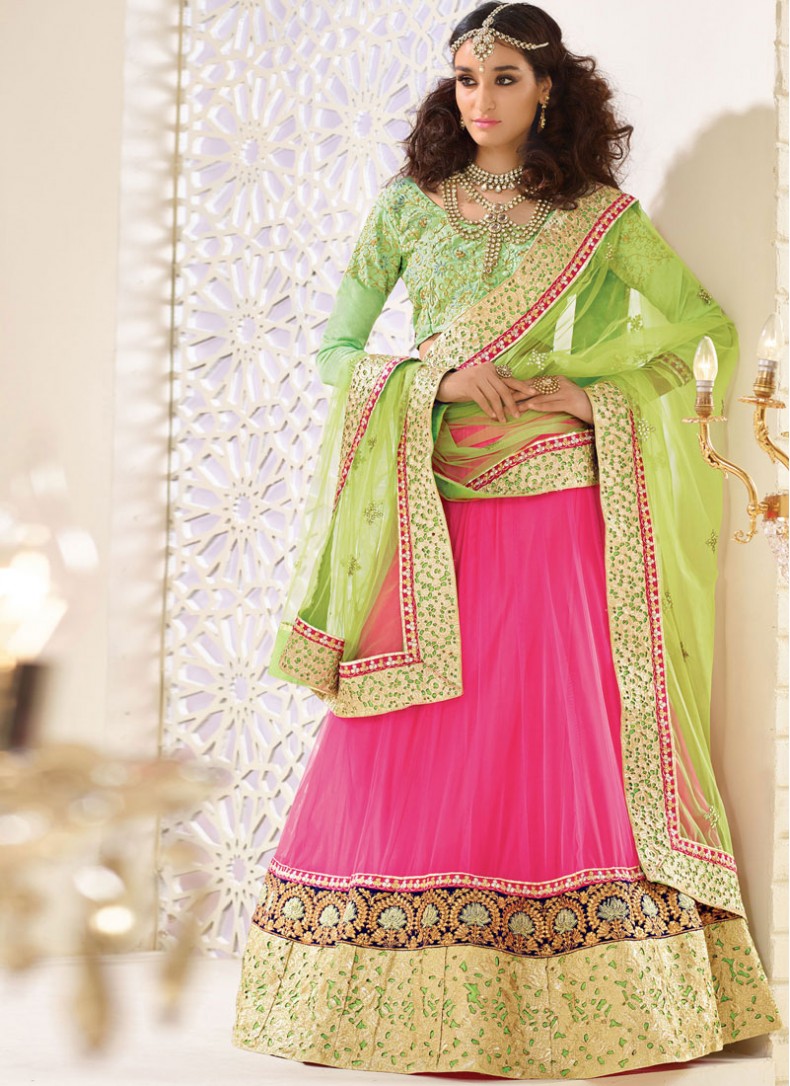 pink and green lengha