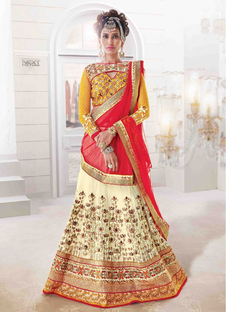 red and cream bridal lehenga