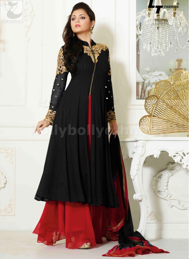 Salwar kameez | Palazzo style | Dharsti Dhami black red palazzo style ...