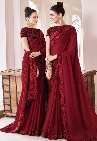 Maroon silk embroidered saree with blouse 35861